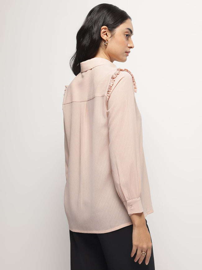Women Peach Ruffle Shoulder Semi Sheer Shirt