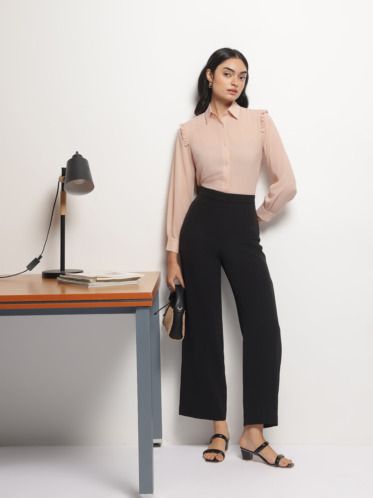 Women Peach Ruffle Shoulder Semi Sheer Shirt