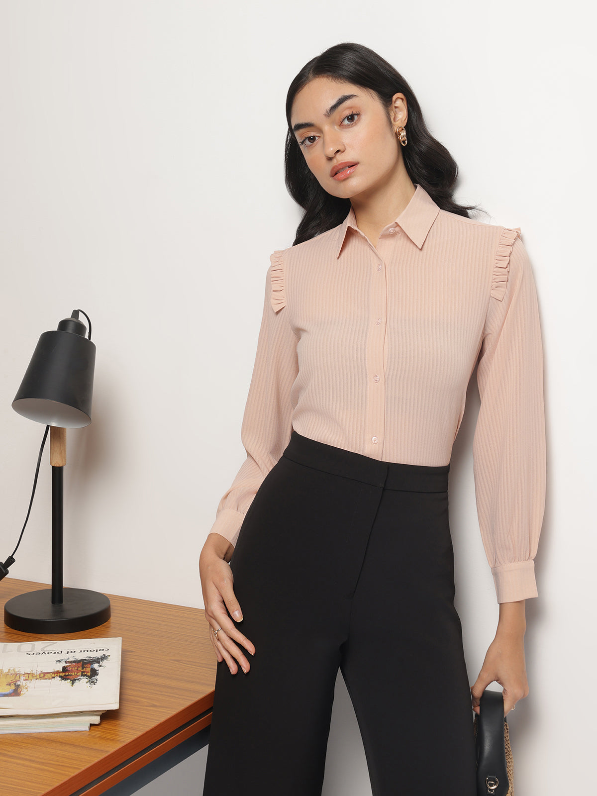 Women Peach Ruffle Shoulder Semi Sheer Shirt