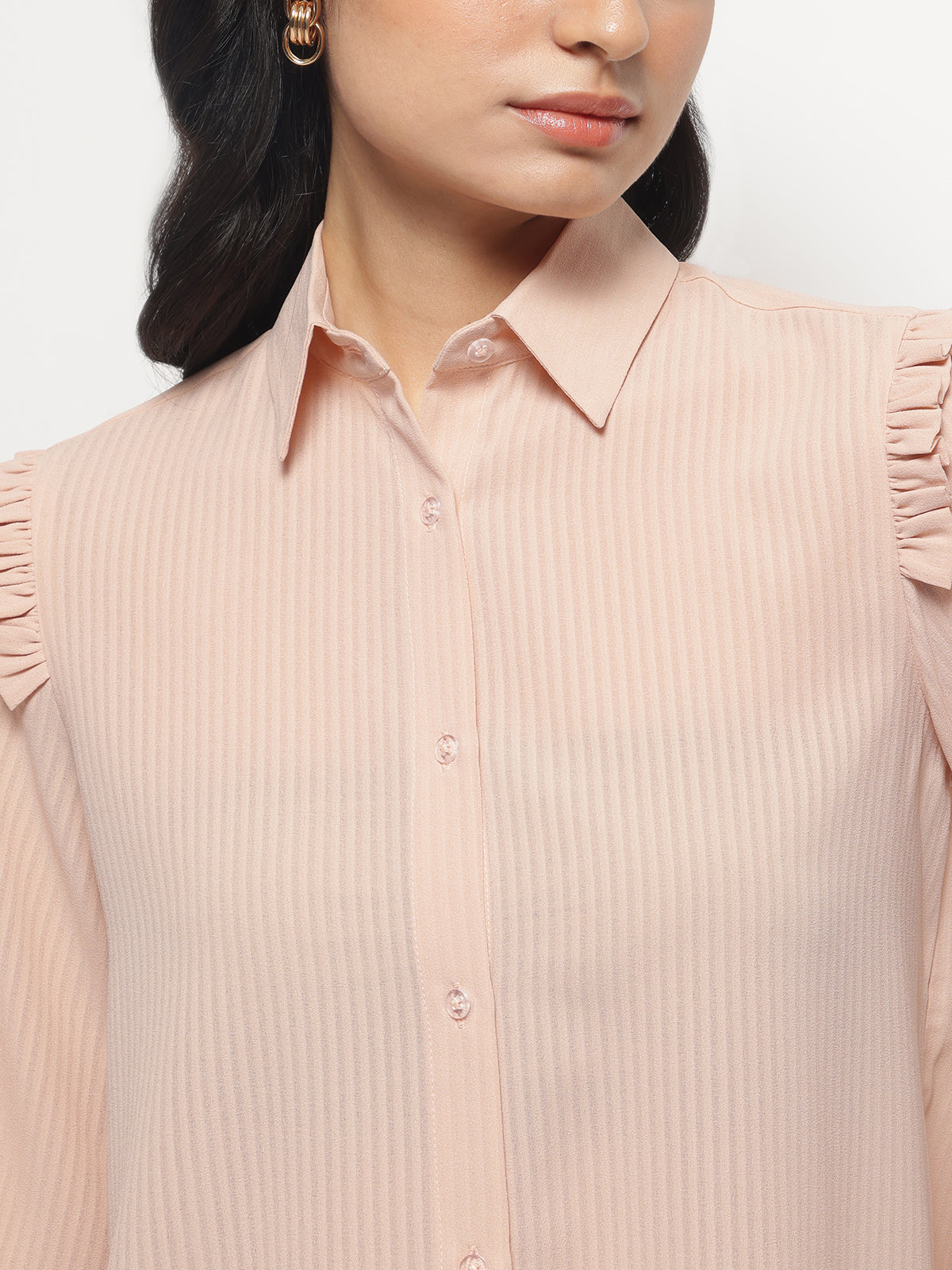 Women Peach Ruffle Shoulder Semi Sheer Shirt