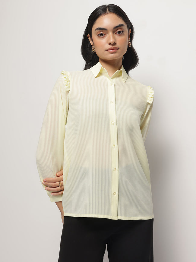 Women Yellow Ruffle Shoulder Semi Sheer Shirt
