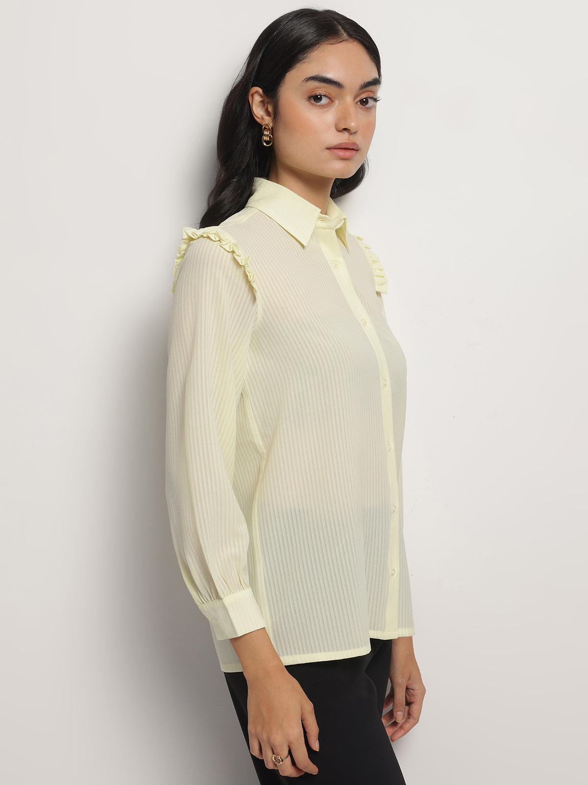 Women Yellow Ruffle Shoulder Semi Sheer Shirt