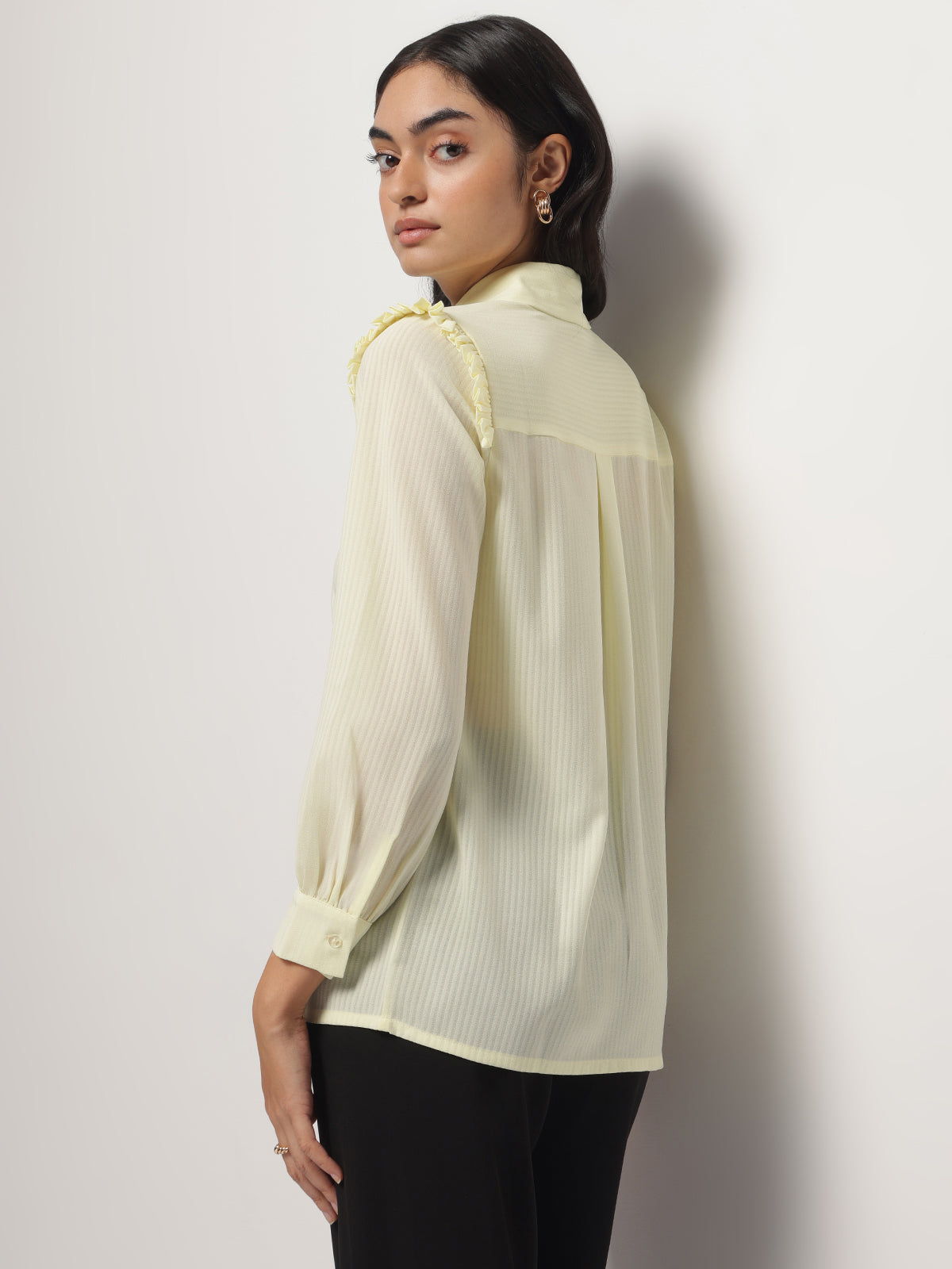 Women Yellow Ruffle Shoulder Semi Sheer Shirt