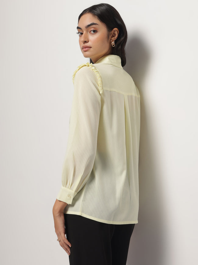 Women Yellow Ruffle Shoulder Semi Sheer Shirt