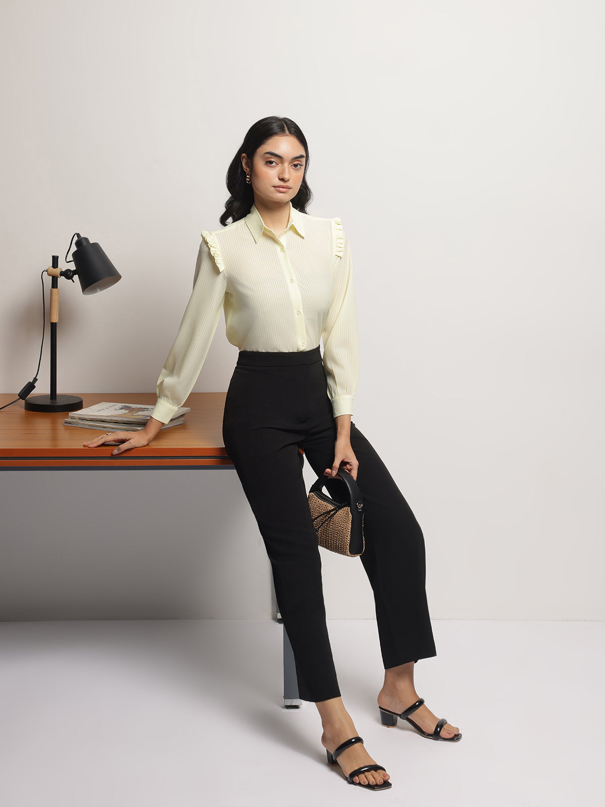 Women Yellow Ruffle Shoulder Semi Sheer Shirt