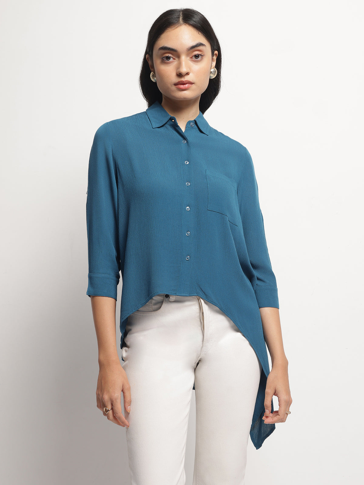 Women Teal Crinkle Asymmetrical Shirt