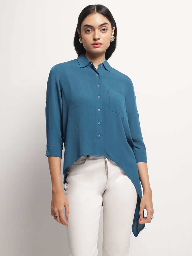 Women Teal Crinkle Asymmetrical Shirt