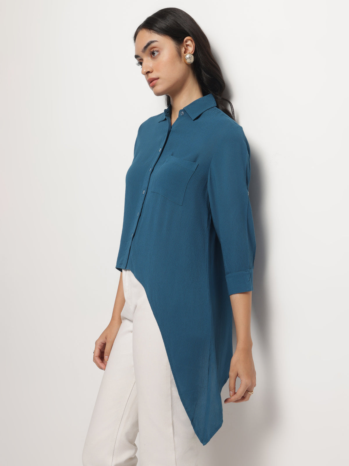Women Teal Crinkle Asymmetrical Shirt