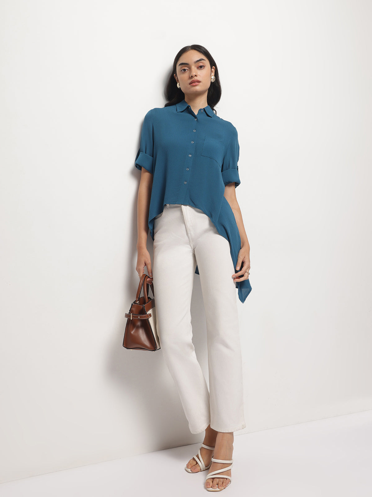 Women Teal Crinkle Asymmetrical Shirt