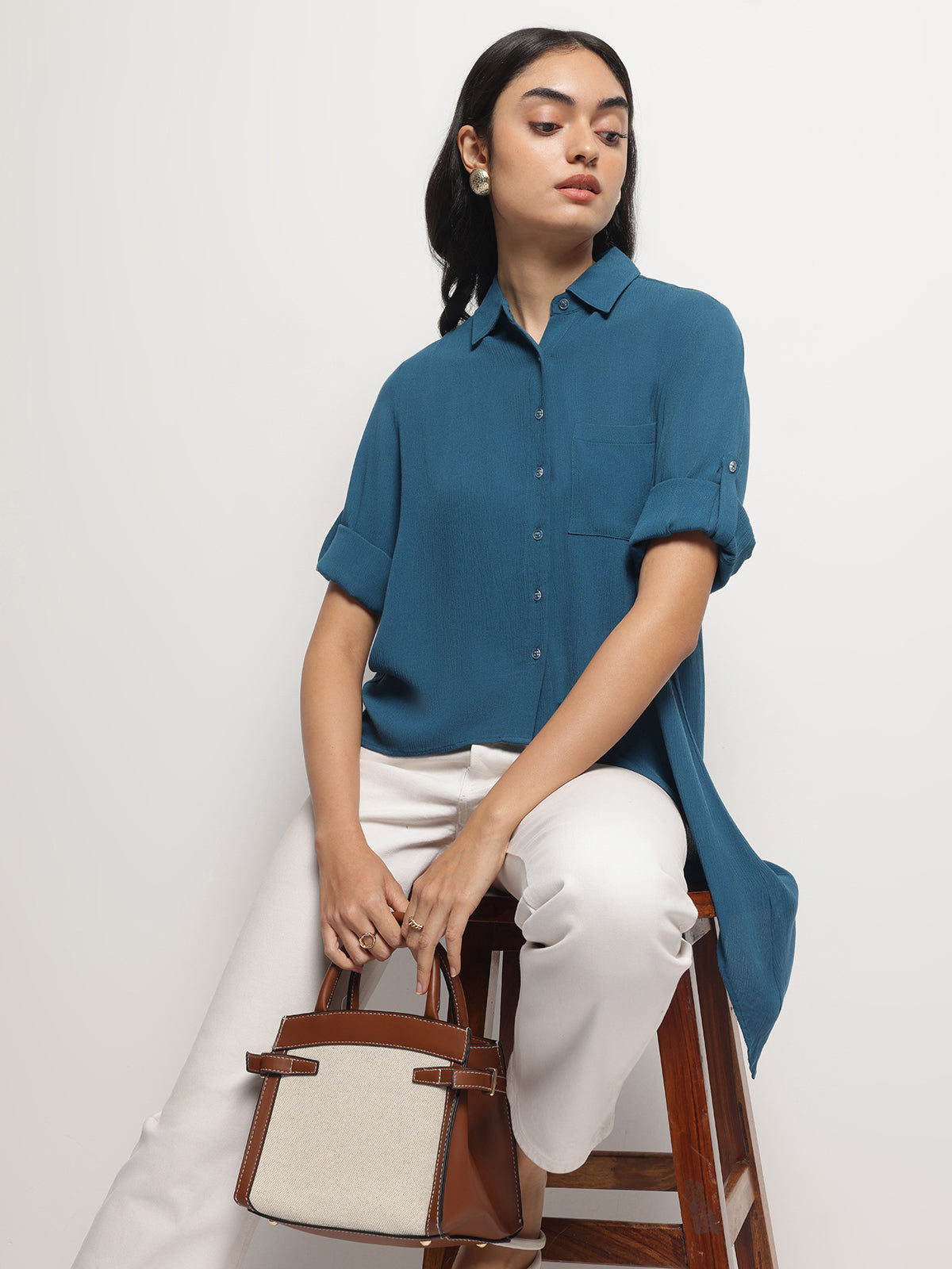 Women Teal Crinkle Asymmetrical Shirt