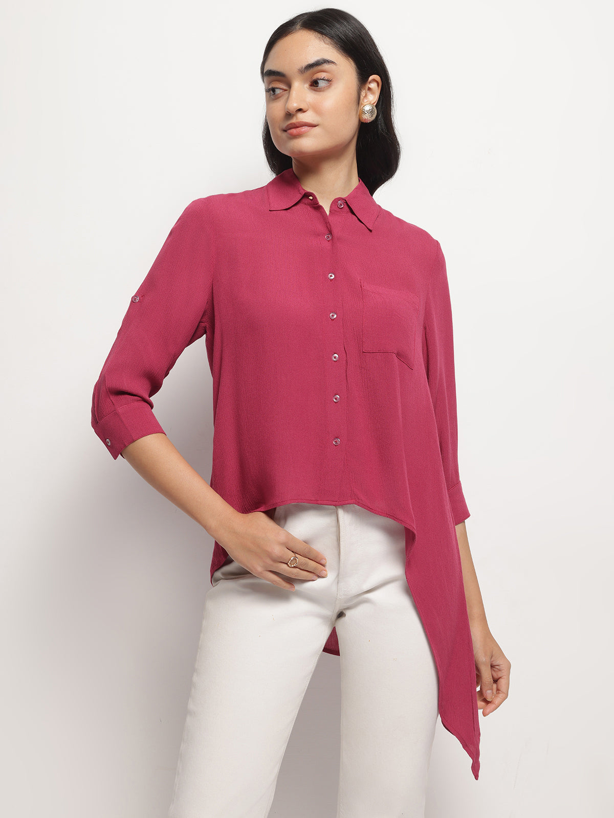 Women Pink Crinkle Asymmetrical Shirt