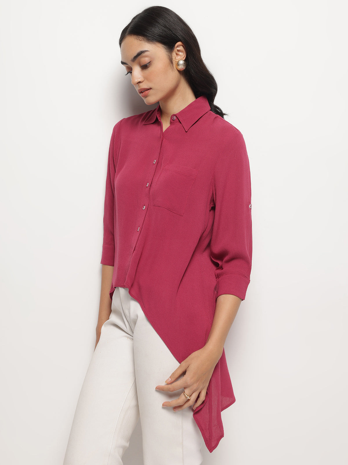 Women Pink Crinkle Asymmetrical Shirt