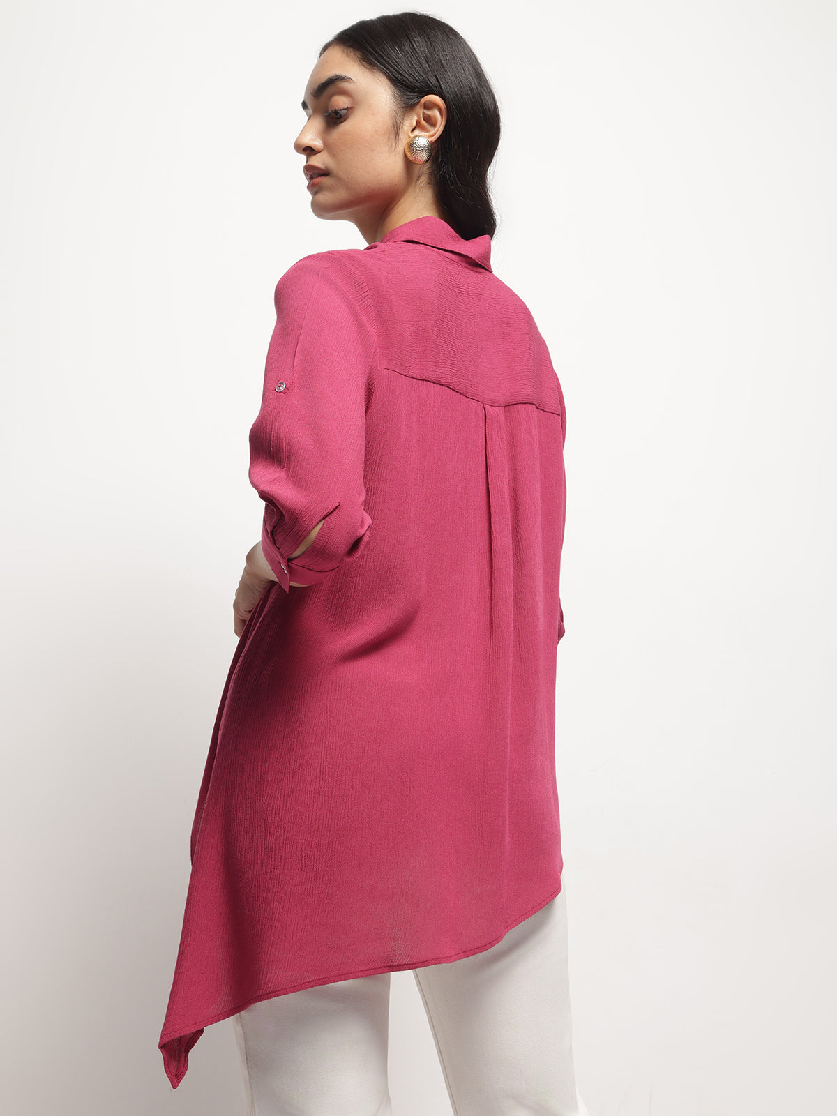 Women Pink Crinkle Asymmetrical Shirt