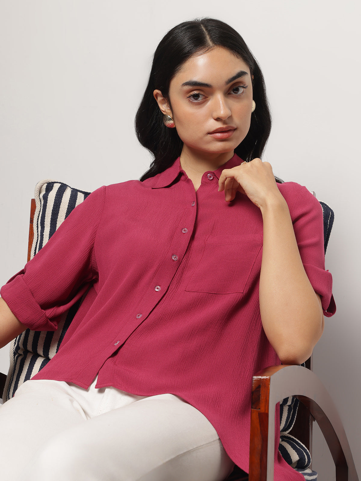 Women Pink Crinkle Asymmetrical Shirt