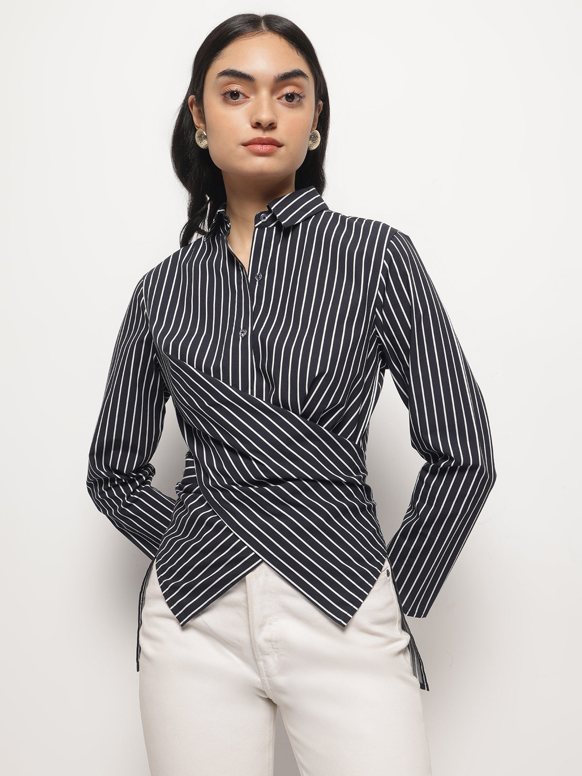 Women Black Asymmetric wrap and Tie Shirt