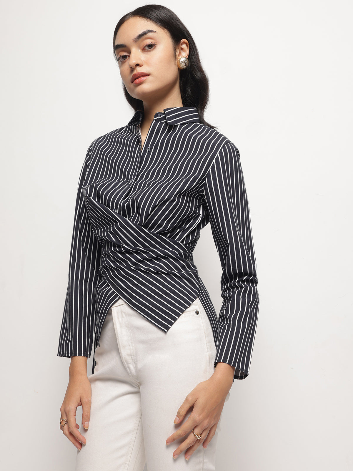 Women Black Asymmetric wrap and Tie Shirt