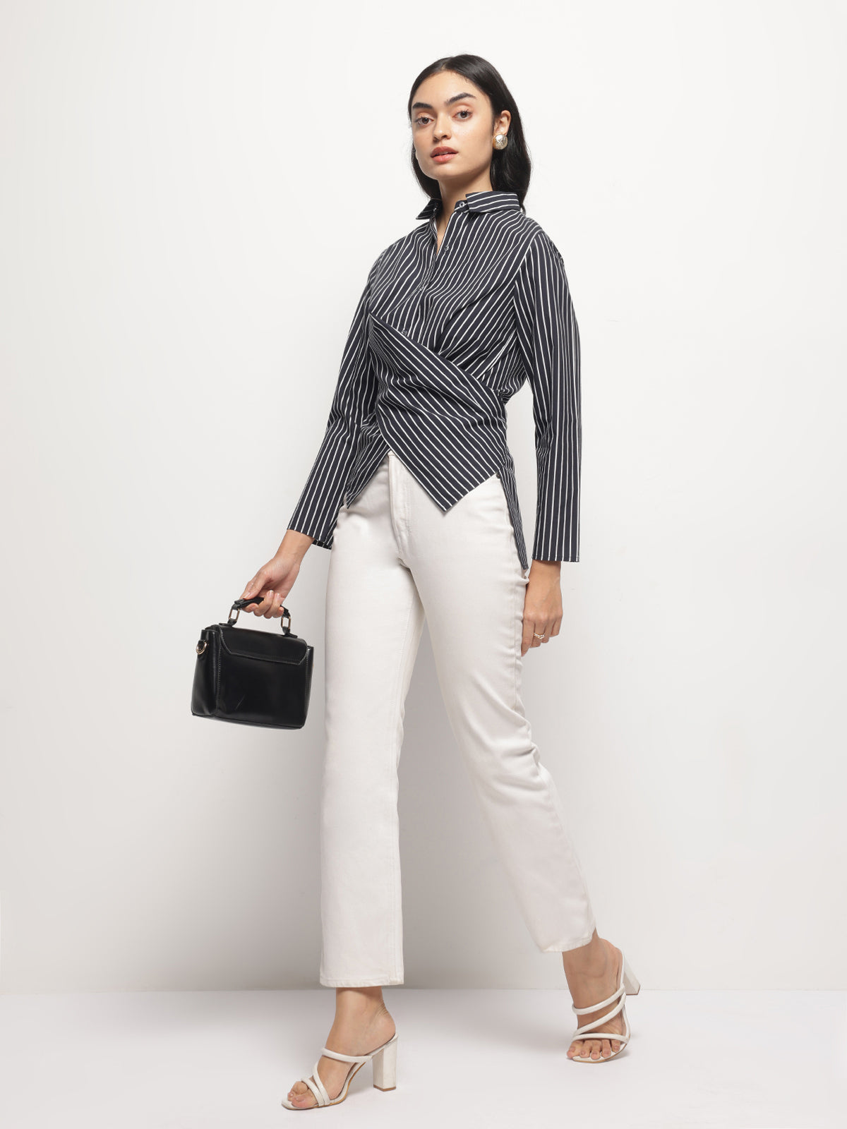 Women Black Asymmetric wrap and Tie Shirt