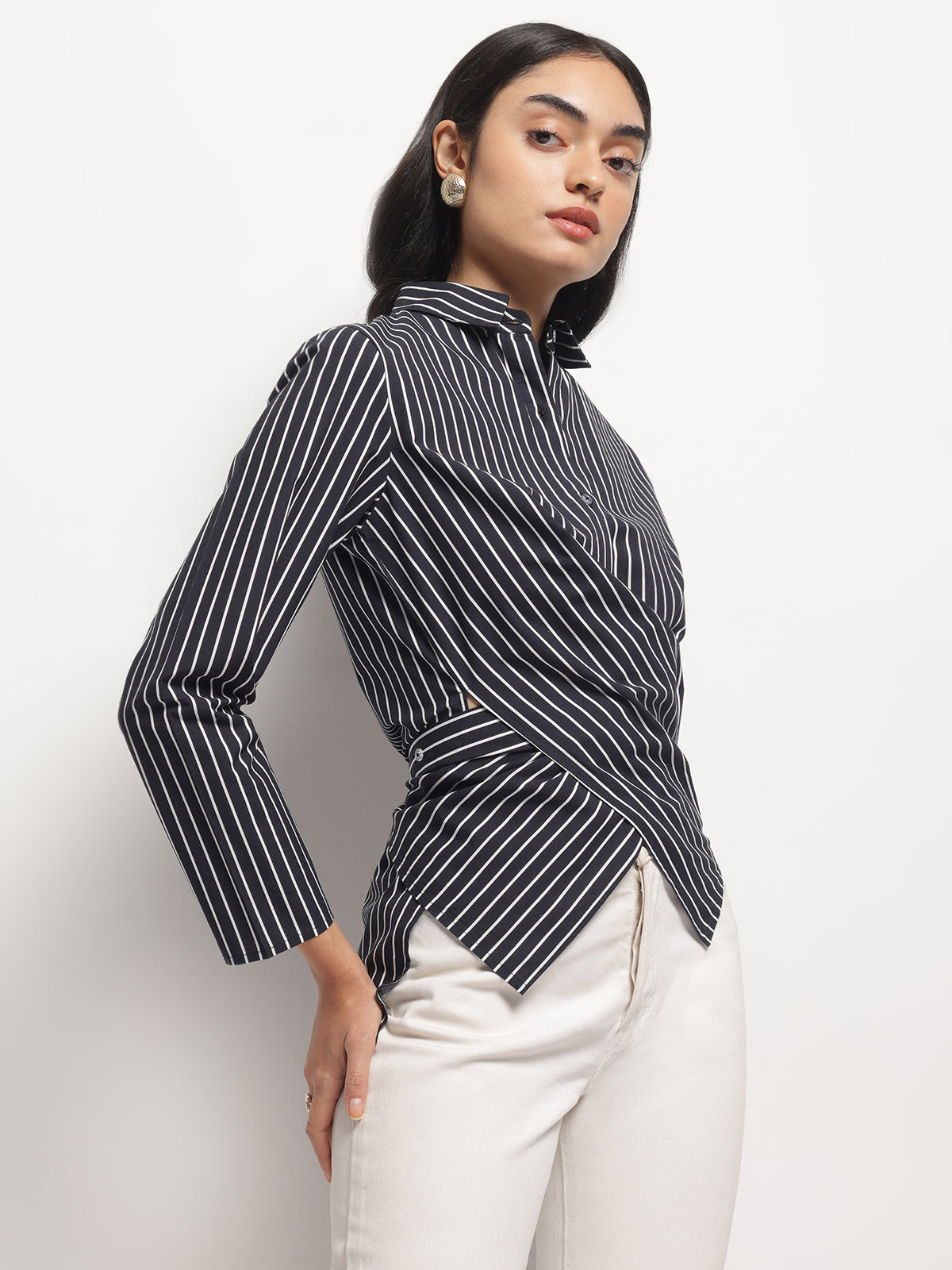 Women Black Asymmetric wrap and Tie Shirt