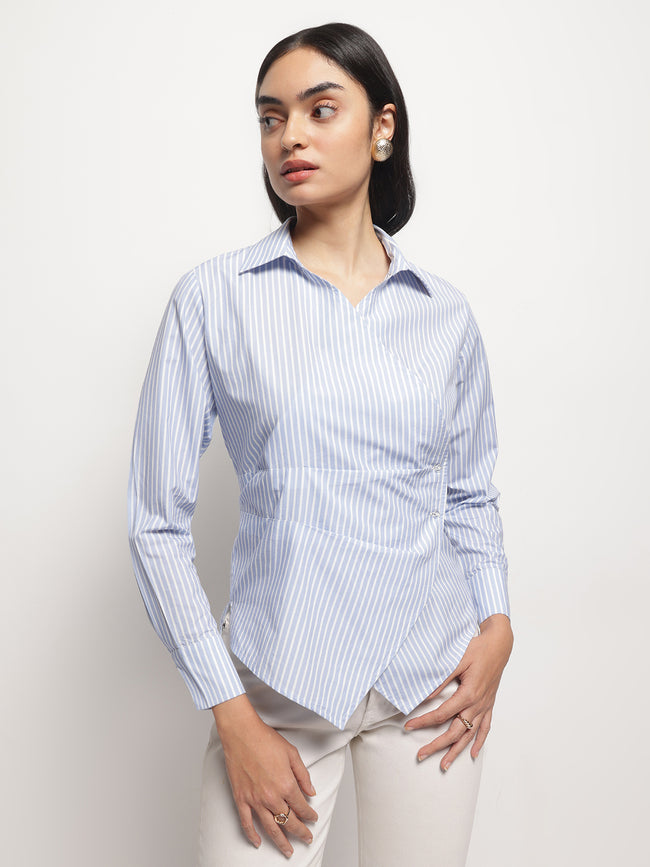 Women Blue Slimming Stripe Long Sleeves Wrap Shirt