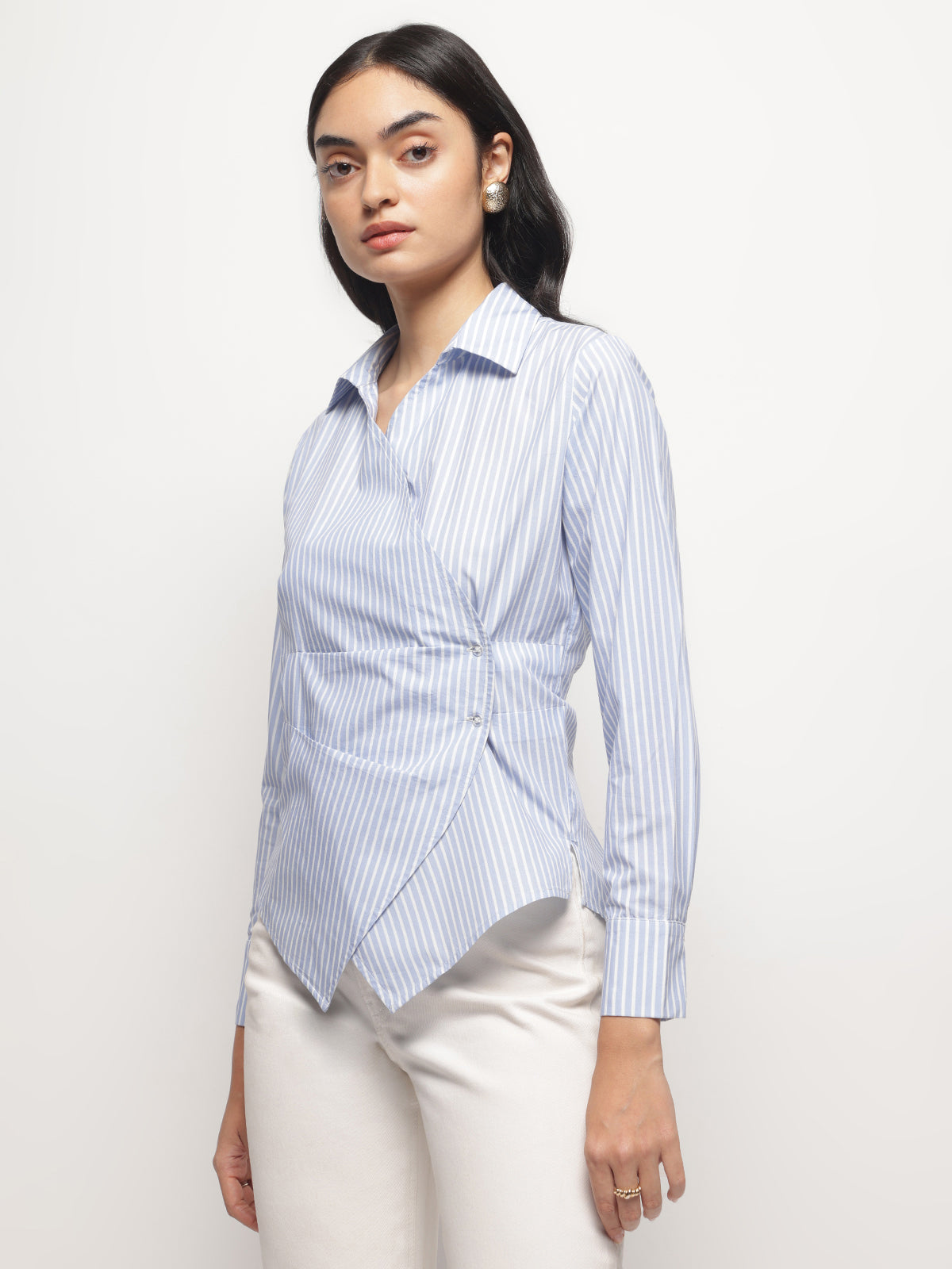 Women Blue Slimming Stripe Long Sleeves Wrap Shirt
