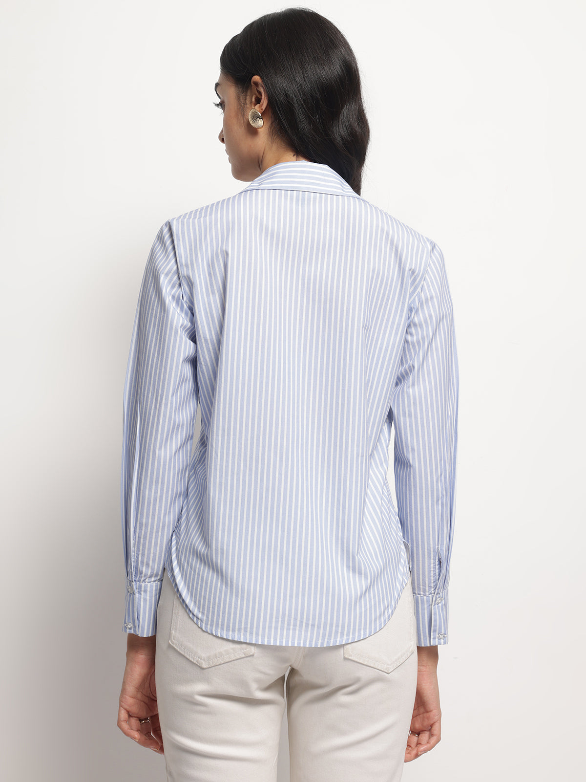 Women Blue Slimming Stripe Long Sleeves Wrap Shirt