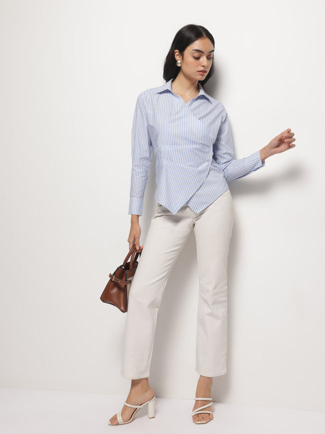 Women Blue Slimming Stripe Long Sleeves Wrap Shirt