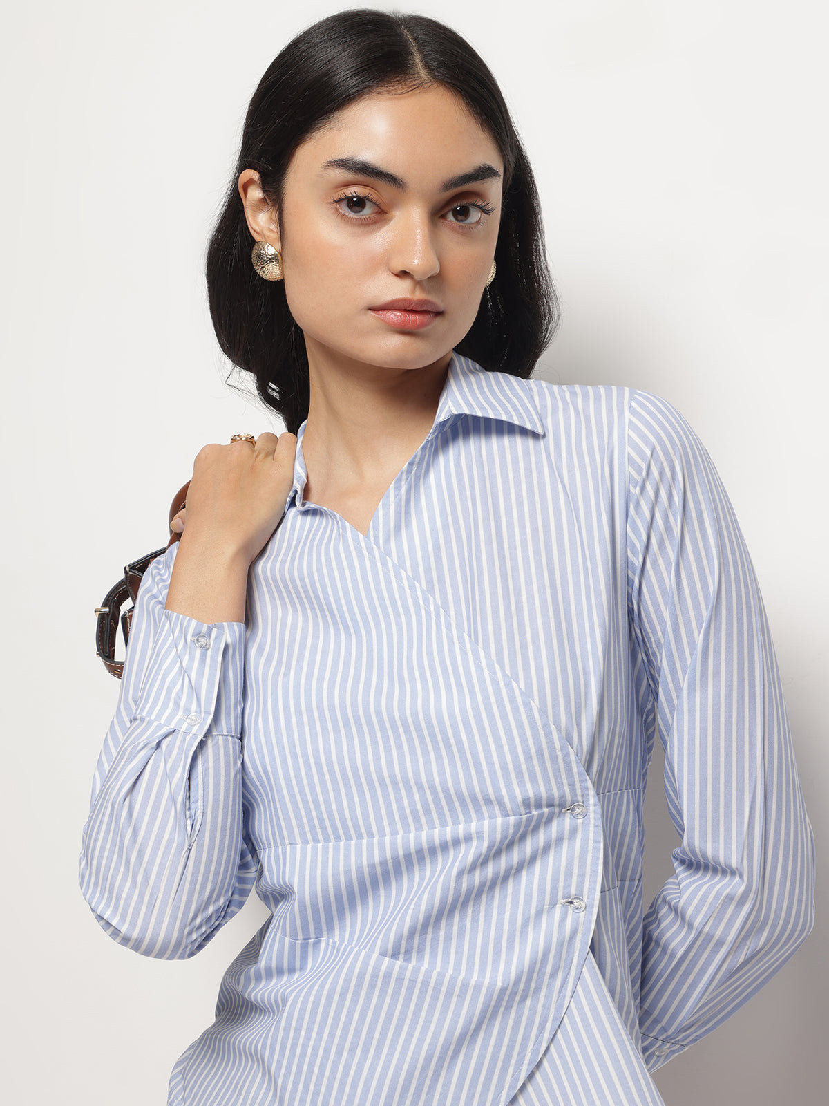 Women Blue Slimming Stripe Long Sleeves Wrap Shirt