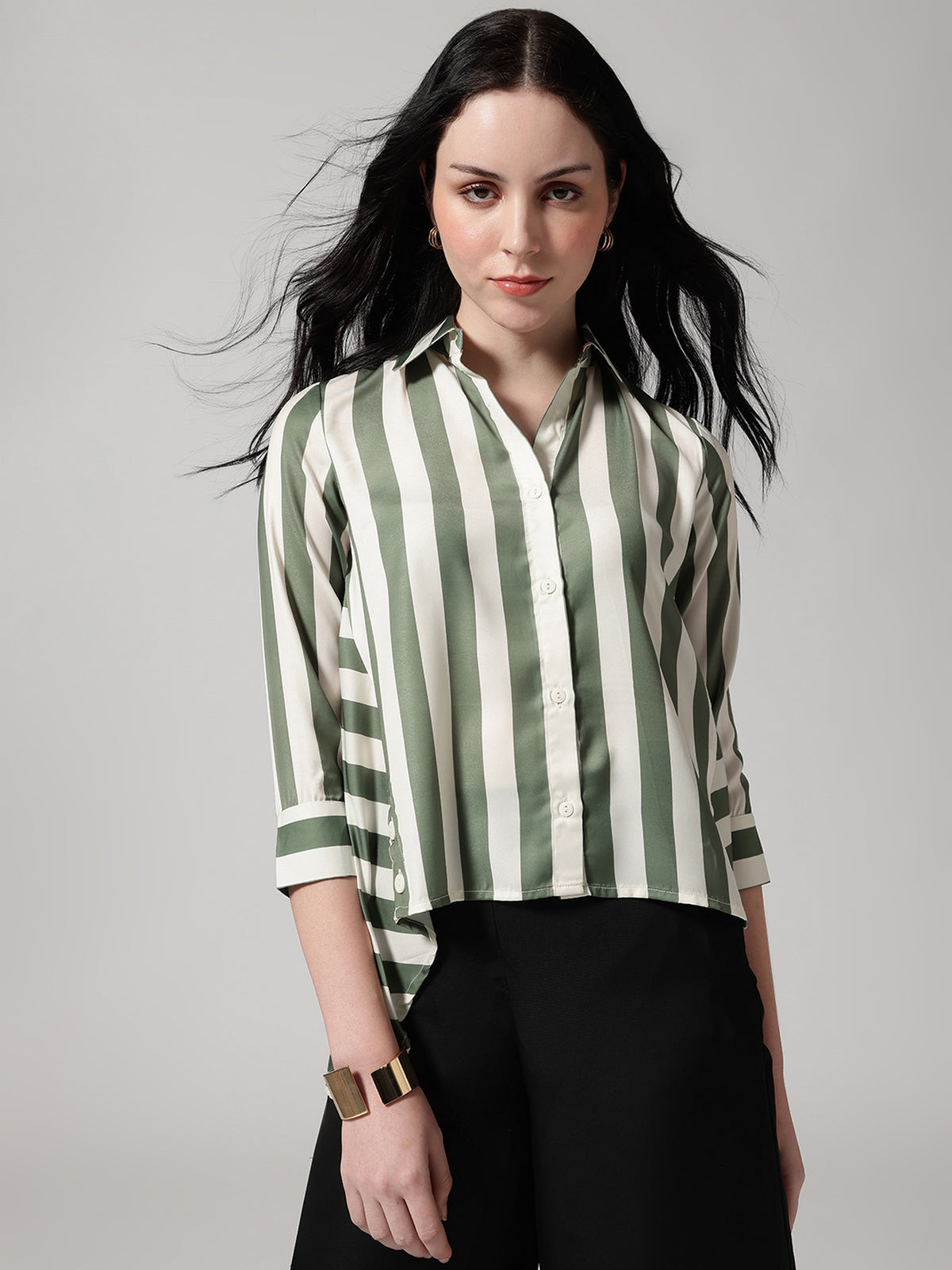 Women Olive Asymmetrical High and Low Striped Shirt