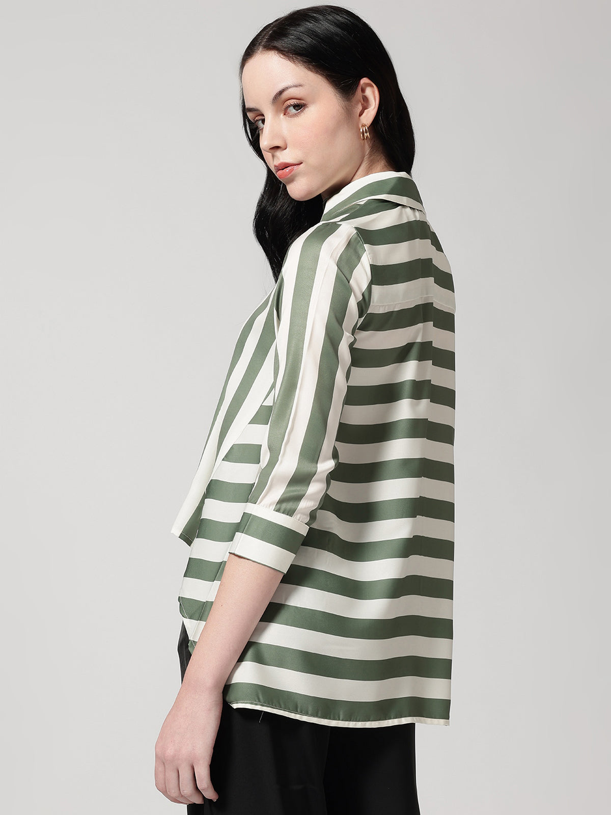 Women Olive Asymmetrical High and Low Striped Shirt