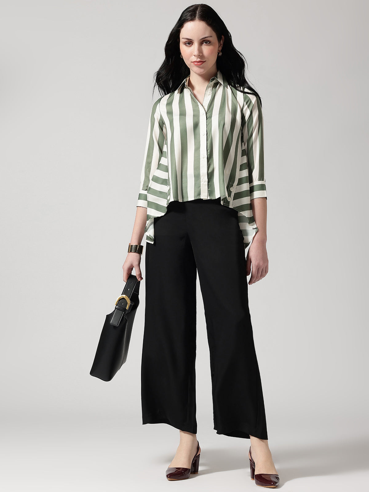 Women Olive Asymmetrical High and Low Striped Shirt