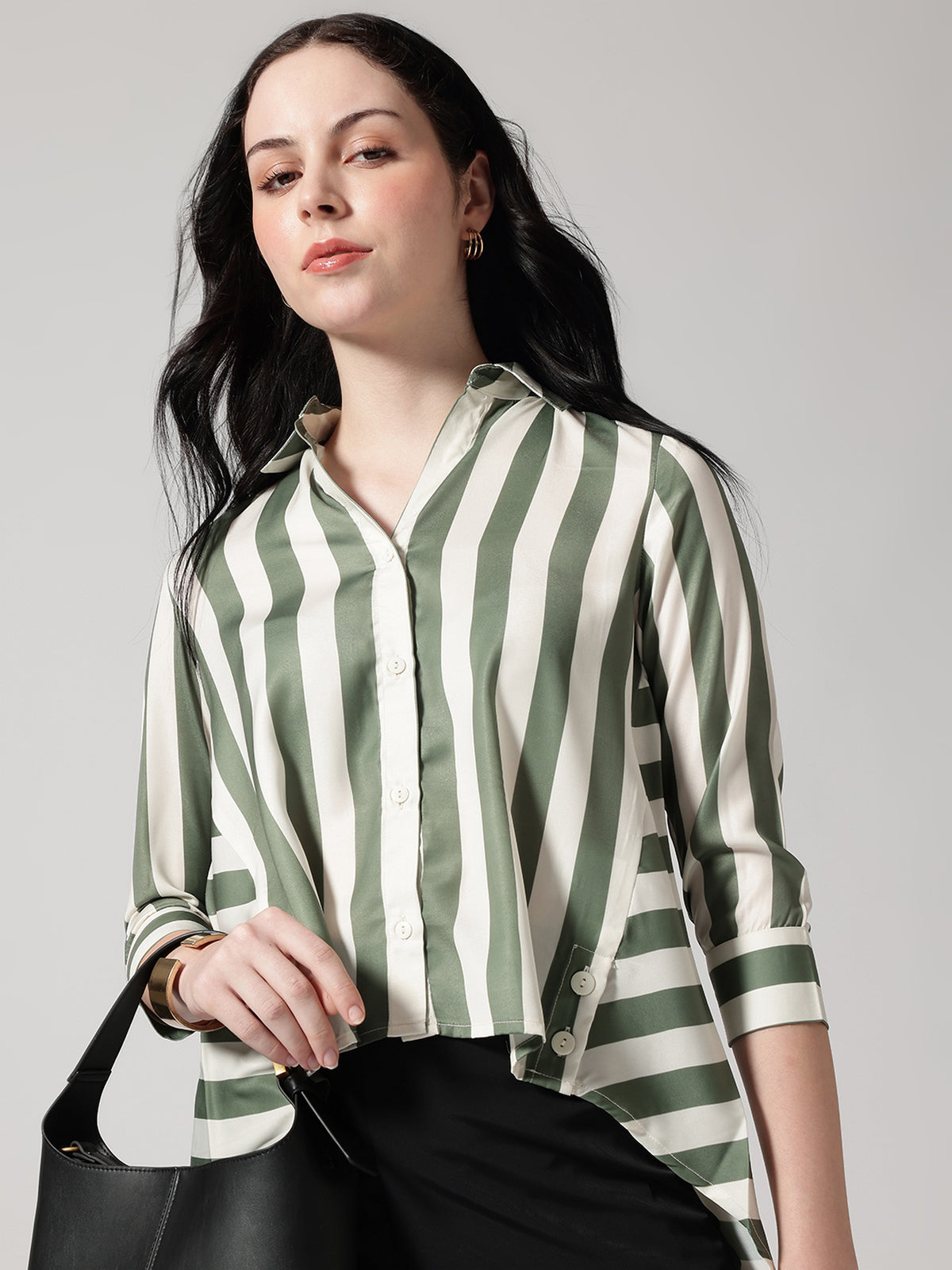 Women Olive Asymmetrical High and Low Striped Shirt