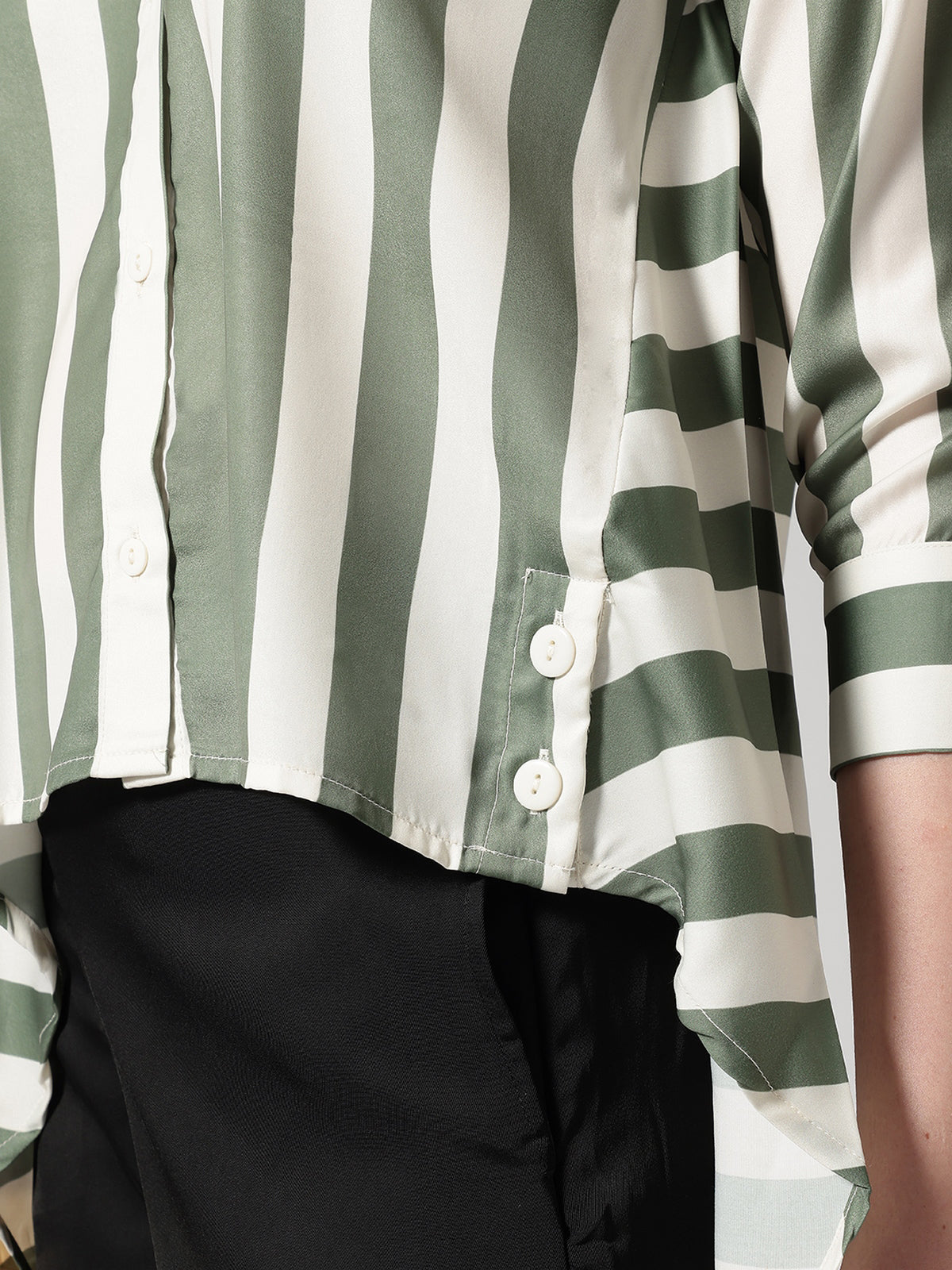 Women Olive Asymmetrical High and Low Striped Shirt