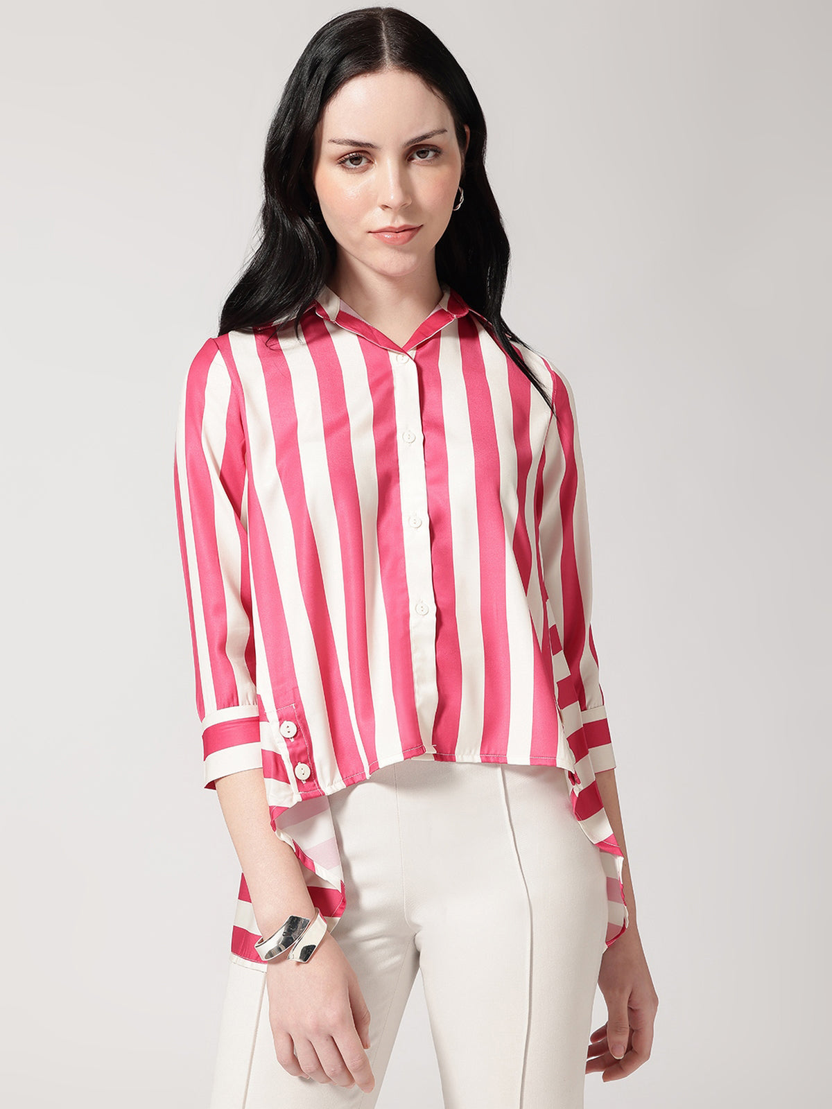 Women Pink Asymmetrical High and Low Striped Shirt