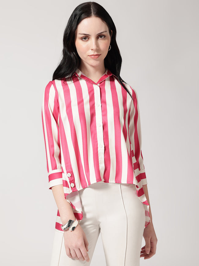 Women Pink Asymmetrical High and Low Striped Shirt