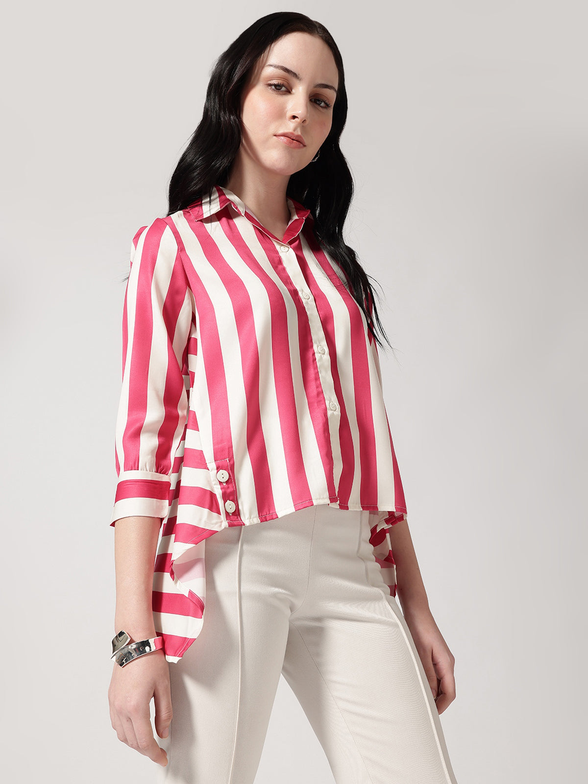 Women Pink Asymmetrical High and Low Striped Shirt