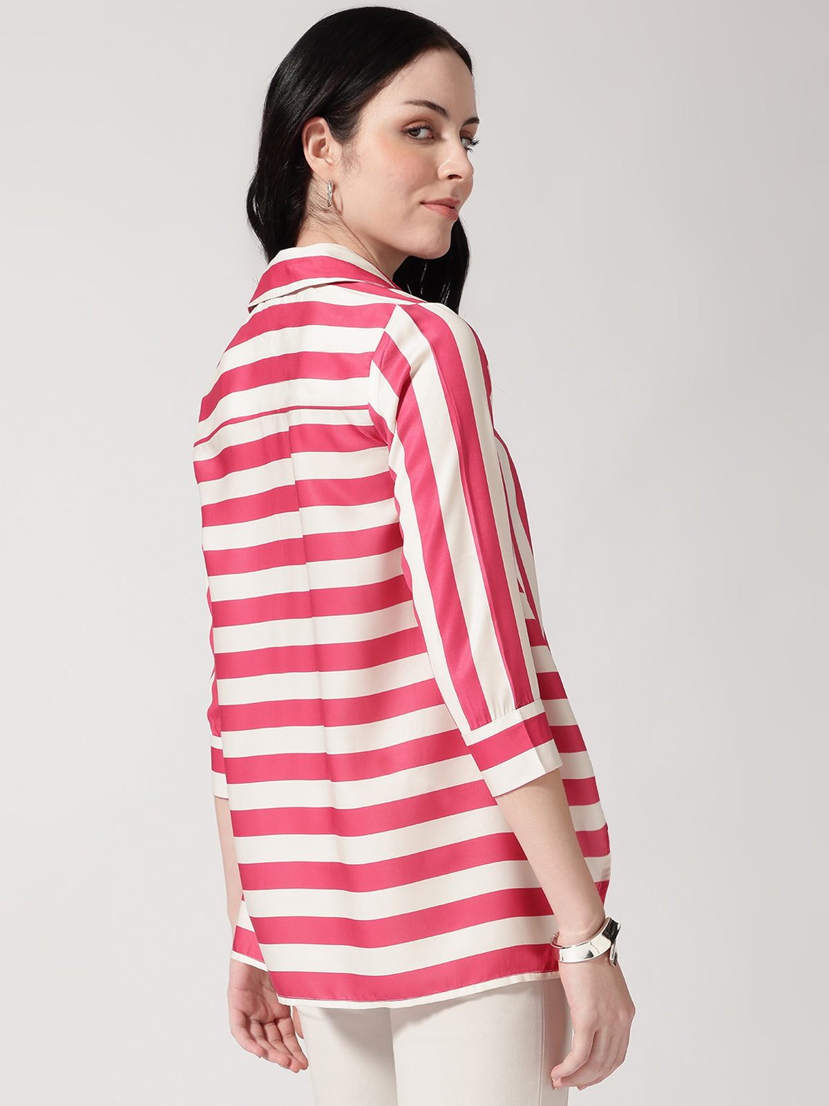 Women Pink Asymmetrical High and Low Striped Shirt