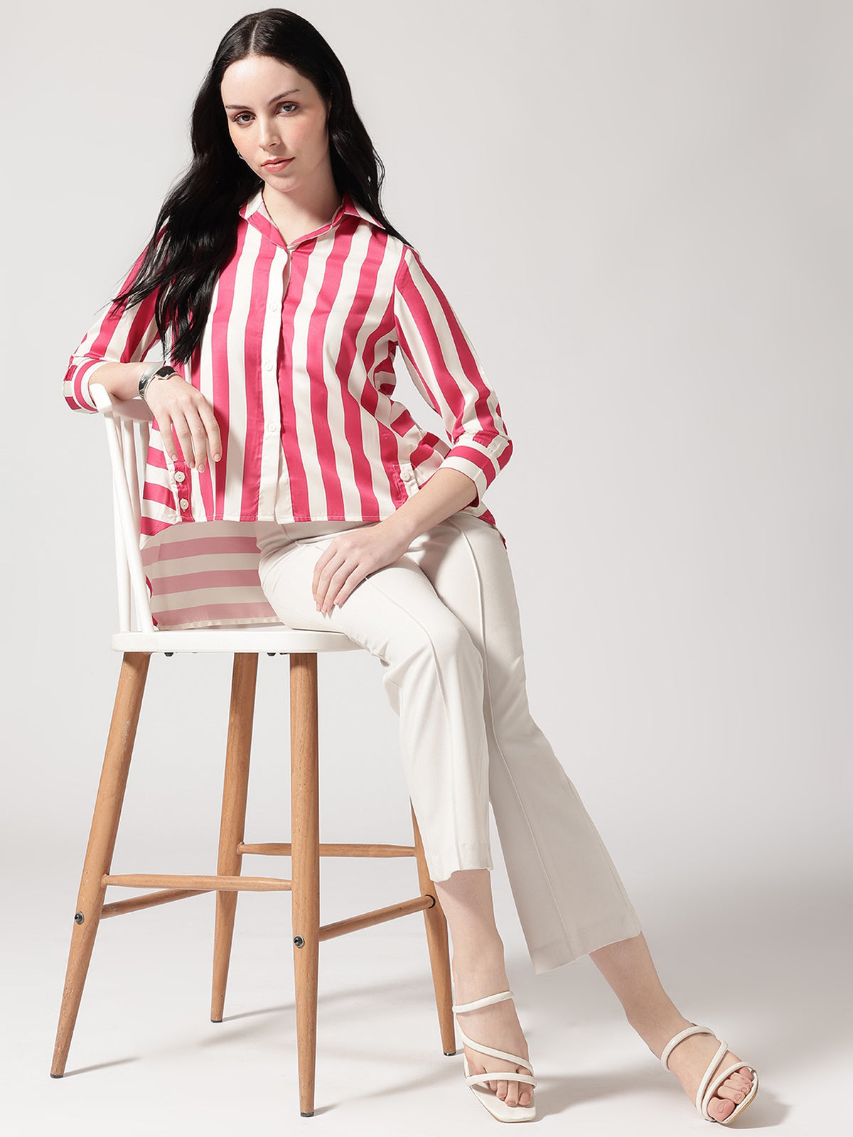 Women Pink Asymmetrical High and Low Striped Shirt