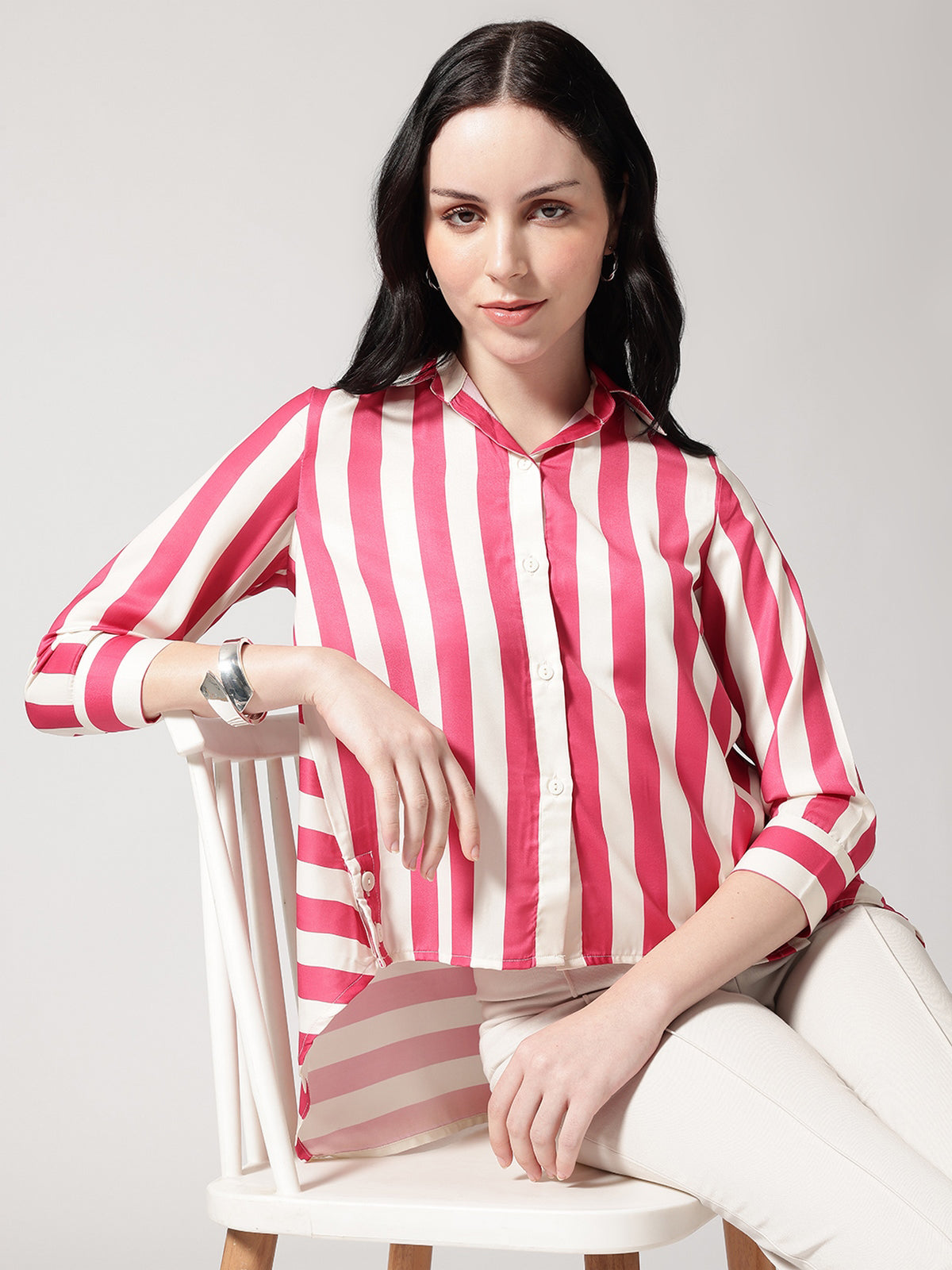 Women Pink Asymmetrical High and Low Striped Shirt