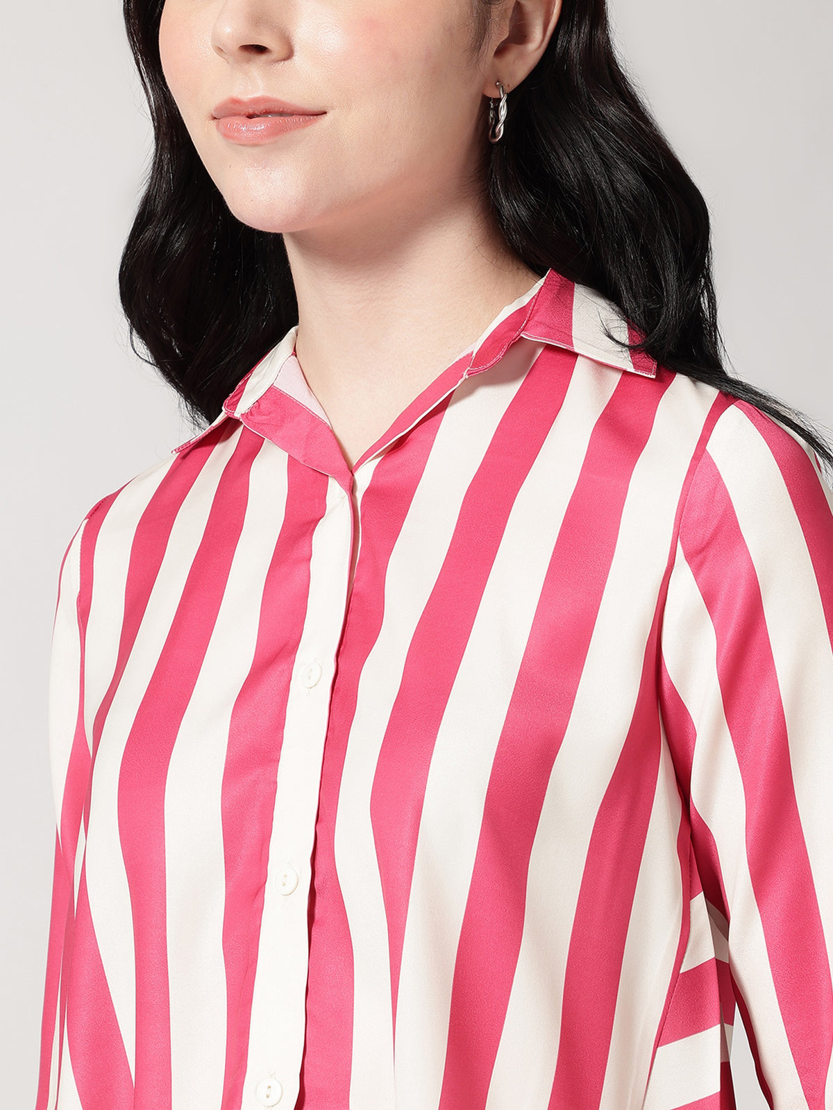 Women Pink Asymmetrical High and Low Striped Shirt