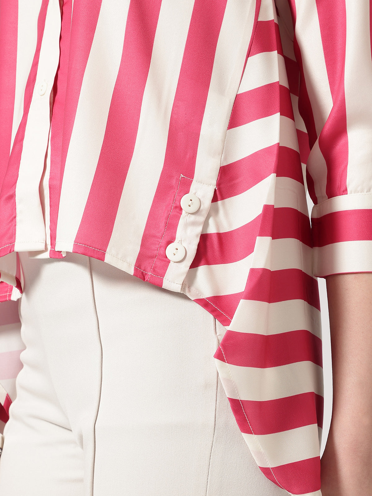 Women Pink Asymmetrical High and Low Striped Shirt