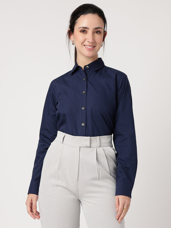 Women Navy Blue Cotton Shirt