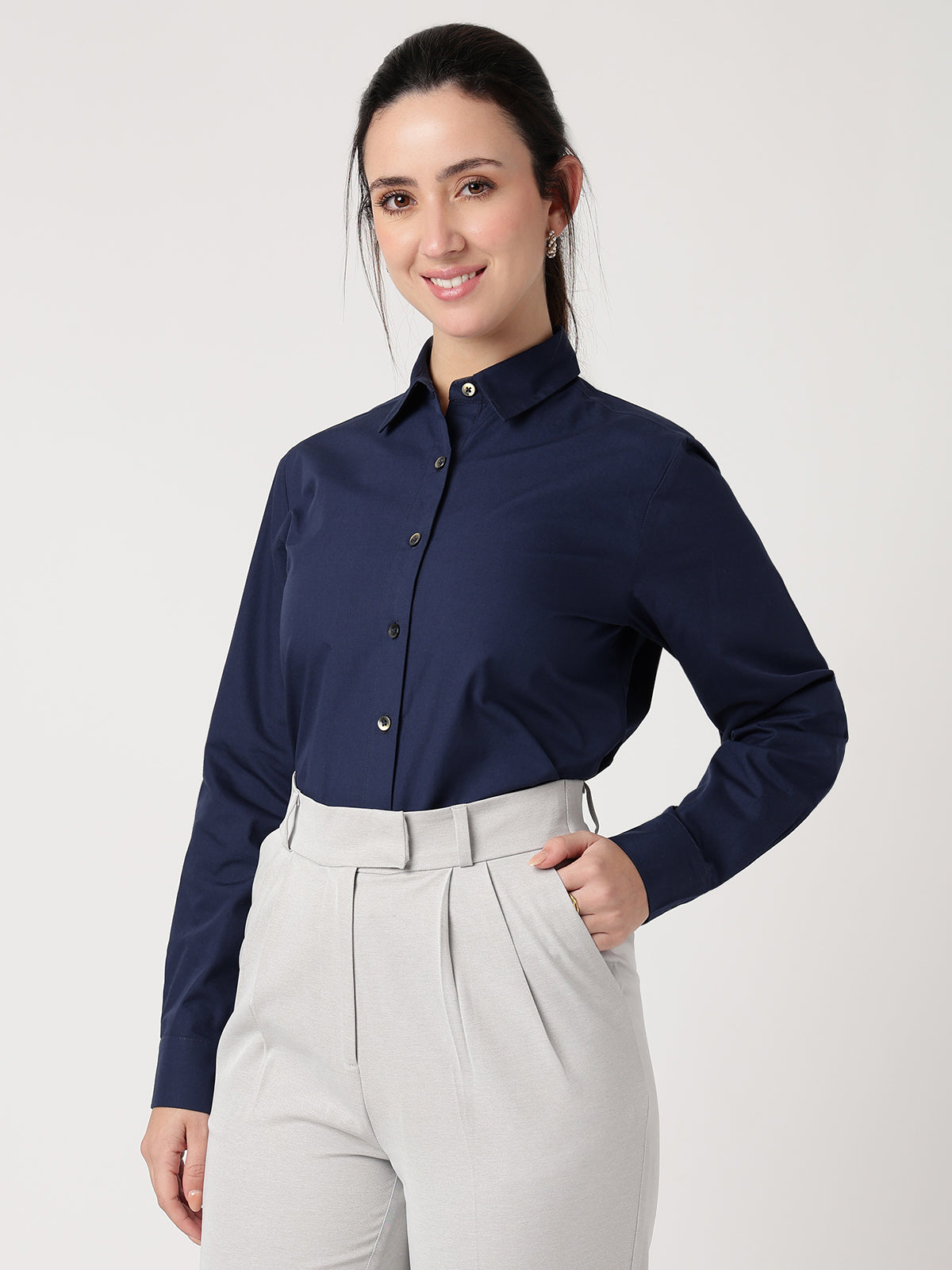 Women Navy Blue Cotton Shirt