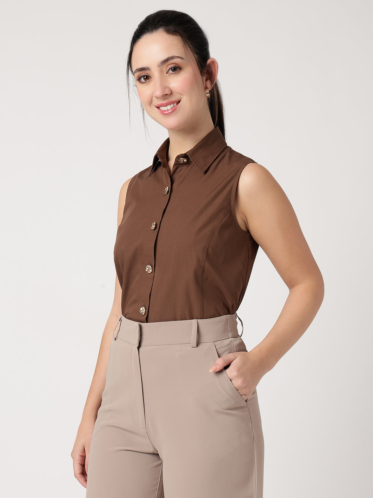 Women Brown Cotton Shirt