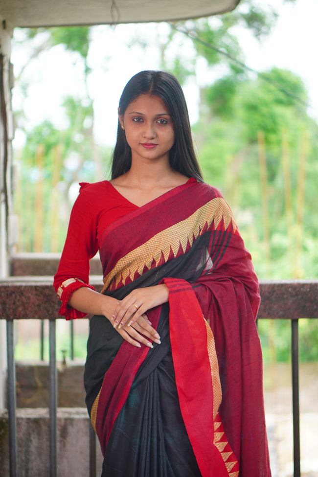 Women Cotton Temple Border Red White Saree