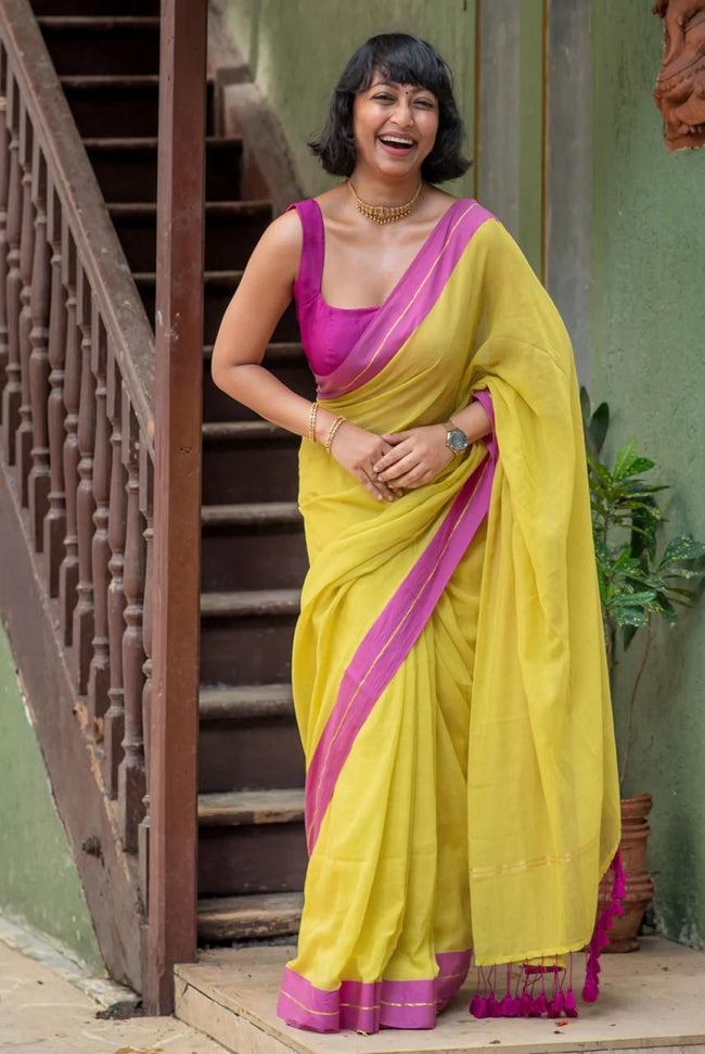 Women Mul Cotton Yellow Pink Border Saree