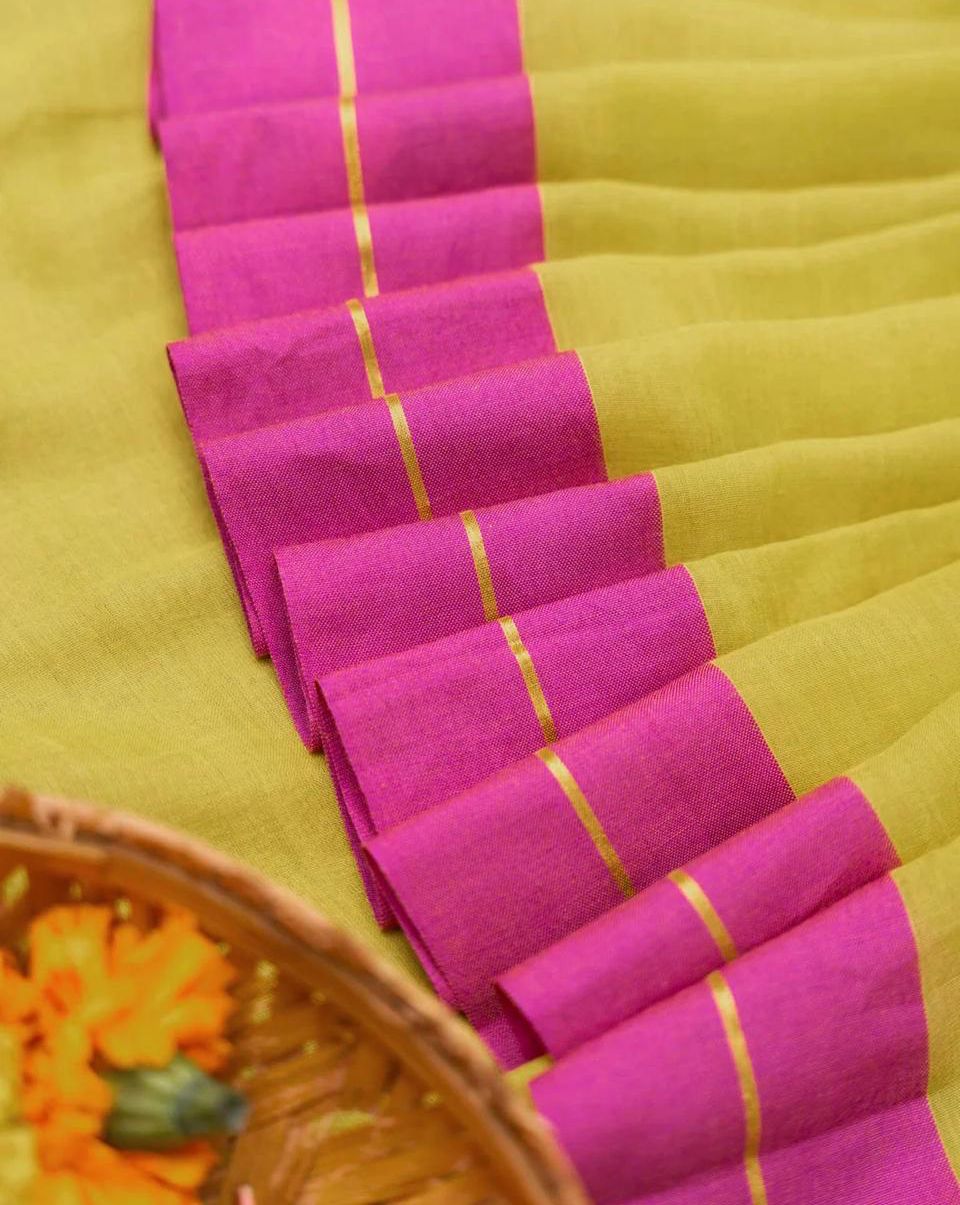 Women Mul Cotton Yellow Pink Border Saree