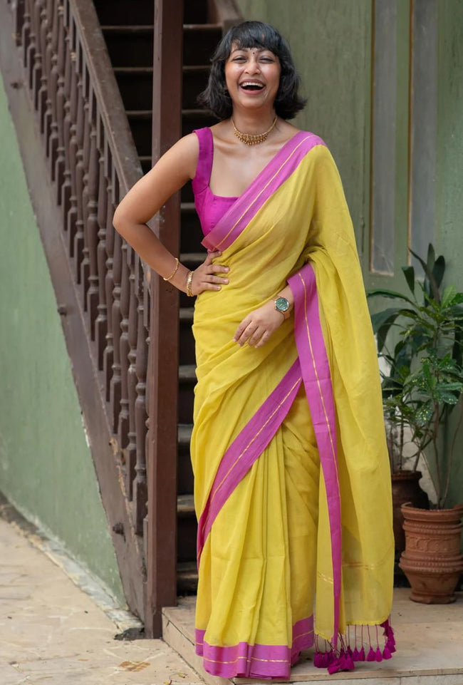 Women Mul Cotton Yellow Pink Border Saree