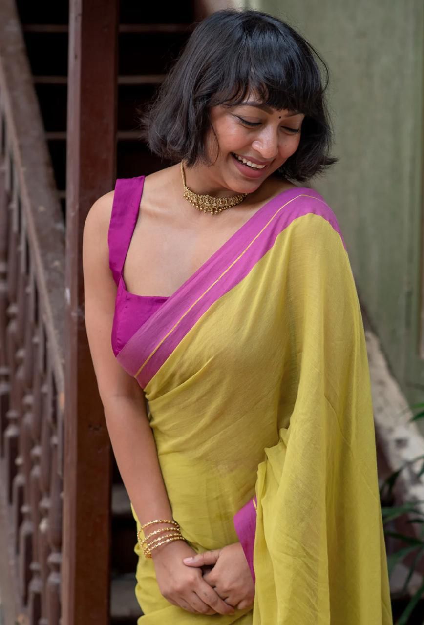 Women Mul Cotton Yellow Pink Border Saree