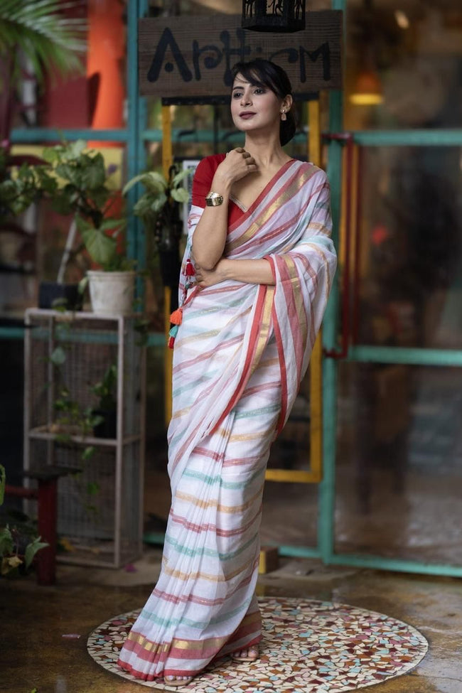 Women White Mul Cotton Stripes Saree