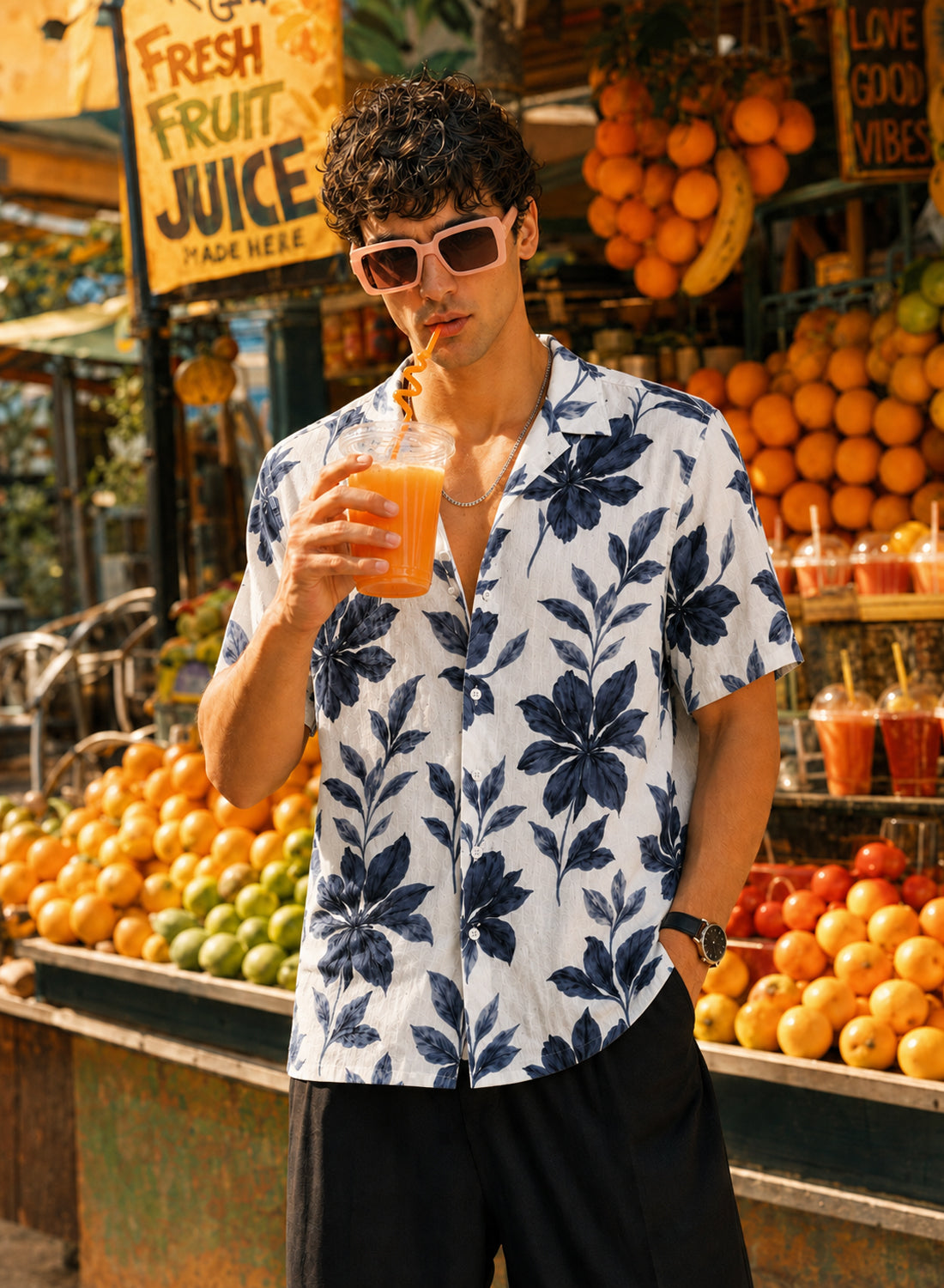 Men White And Navy Relaxed Fit Shirt
